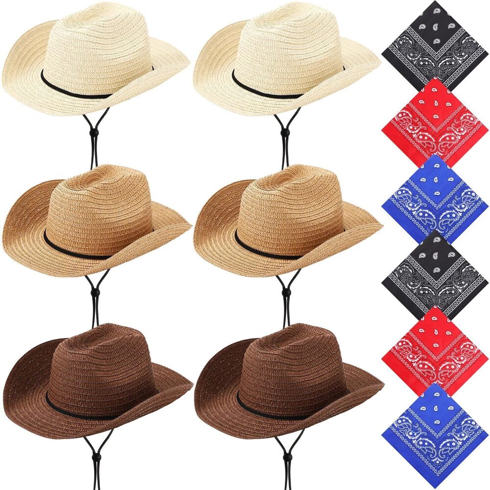 9219 6 Set Straw Hats Cowboy Bandanas Set Cowgirl Western Party HatBeige
